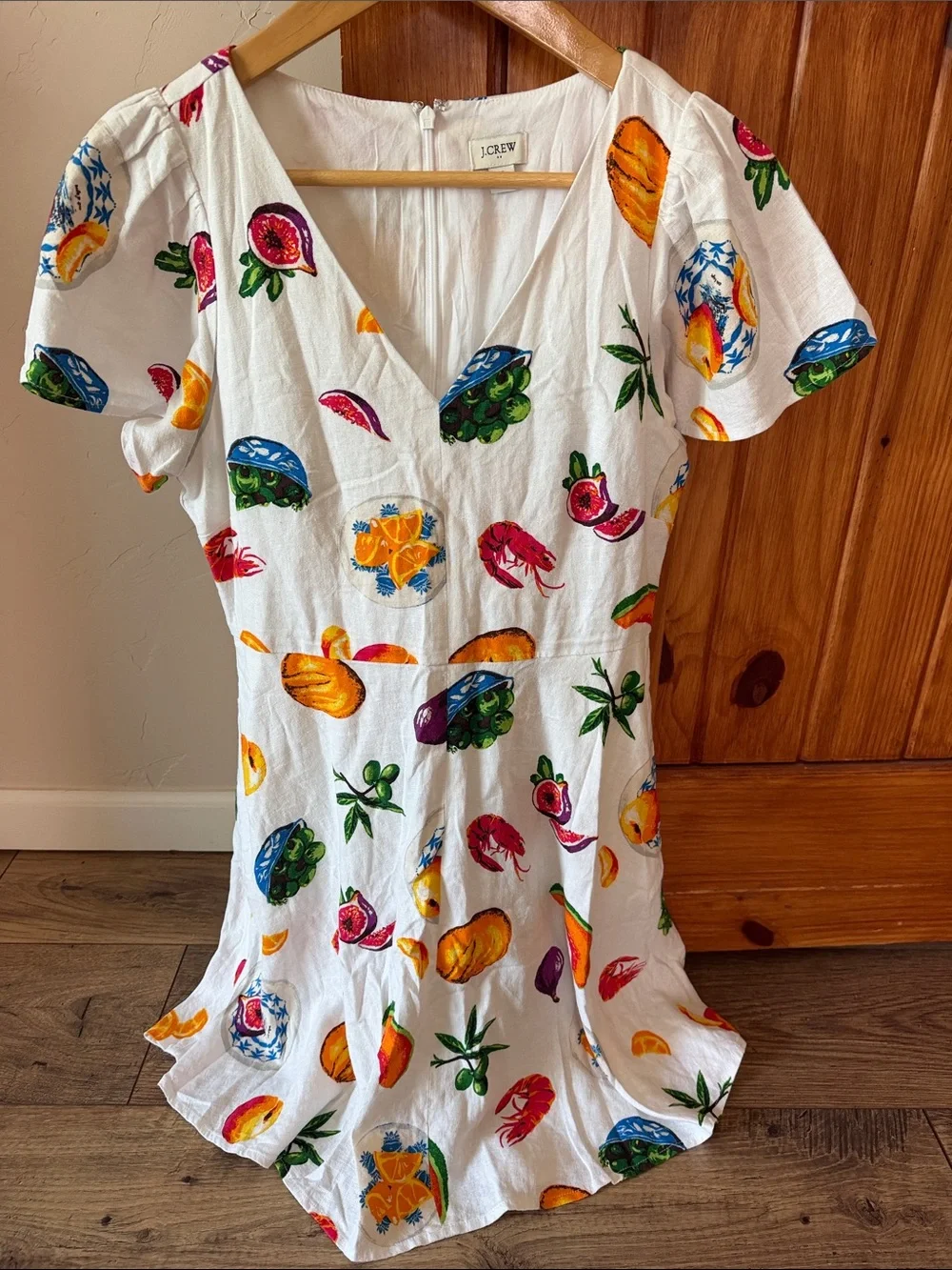 J. Crew Taverna Linen Blend Mini Dress Fruit & Seafood Print - Sz 4